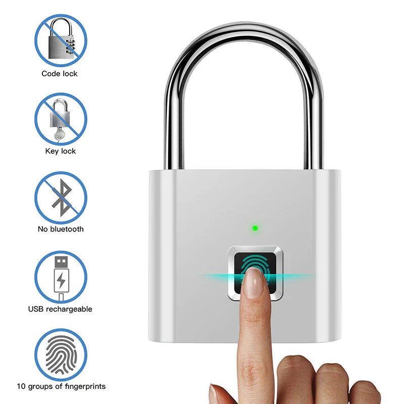 Sleek black smart fingerprint padlock with biometric sensor and USB charging port, ideal for keyless security on lockers, luggage, doors, or gym bags.