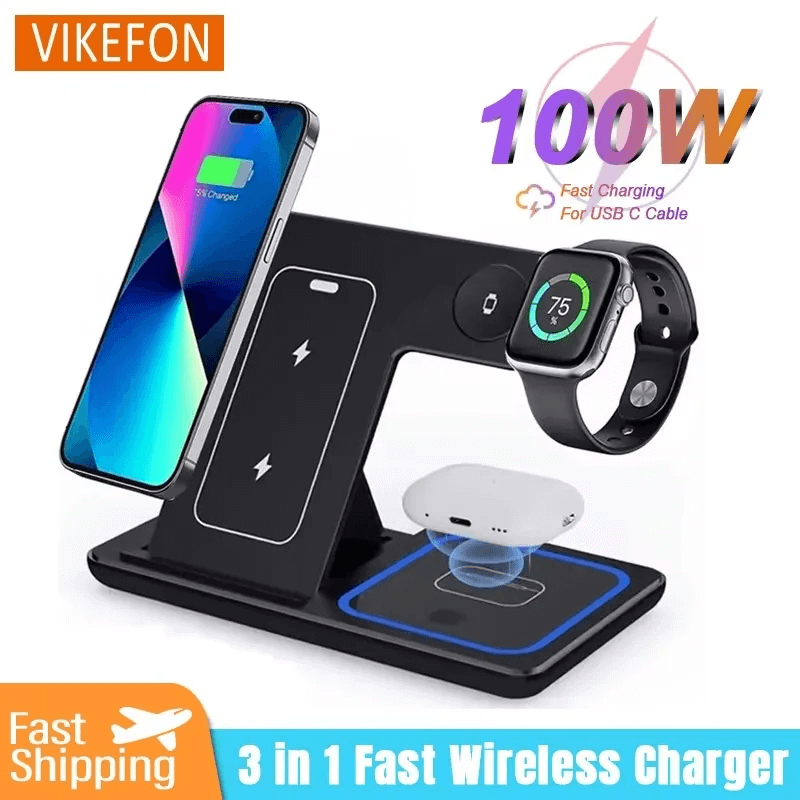 3-in-1 fast wireless charger with smartphone, smartwatch, and wireless earbuds on a white background.