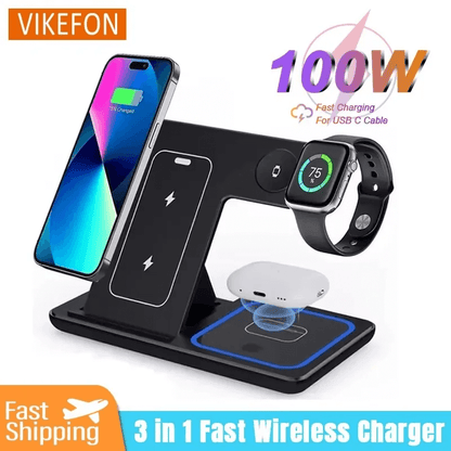 3-in-1 fast wireless charger with smartphone, smartwatch, and wireless earbuds on a white background.