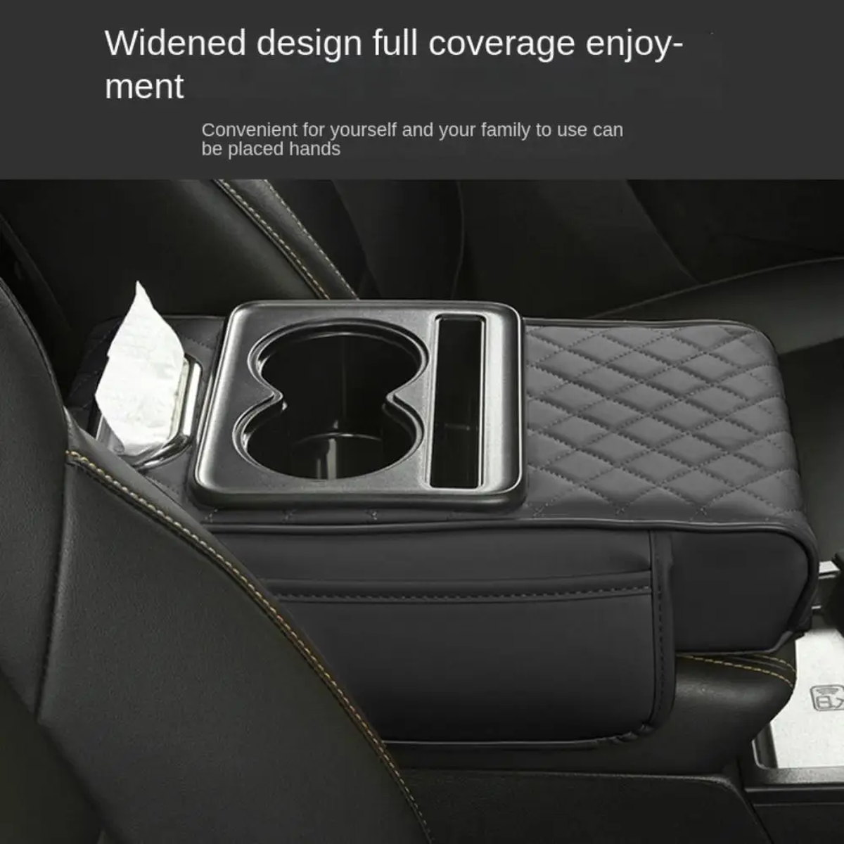 CruzeComfort™ Deluxe Car Armrest Cushion – PU Leather Center Console Pad with 2 Built-In Cup Holders & Height Booster