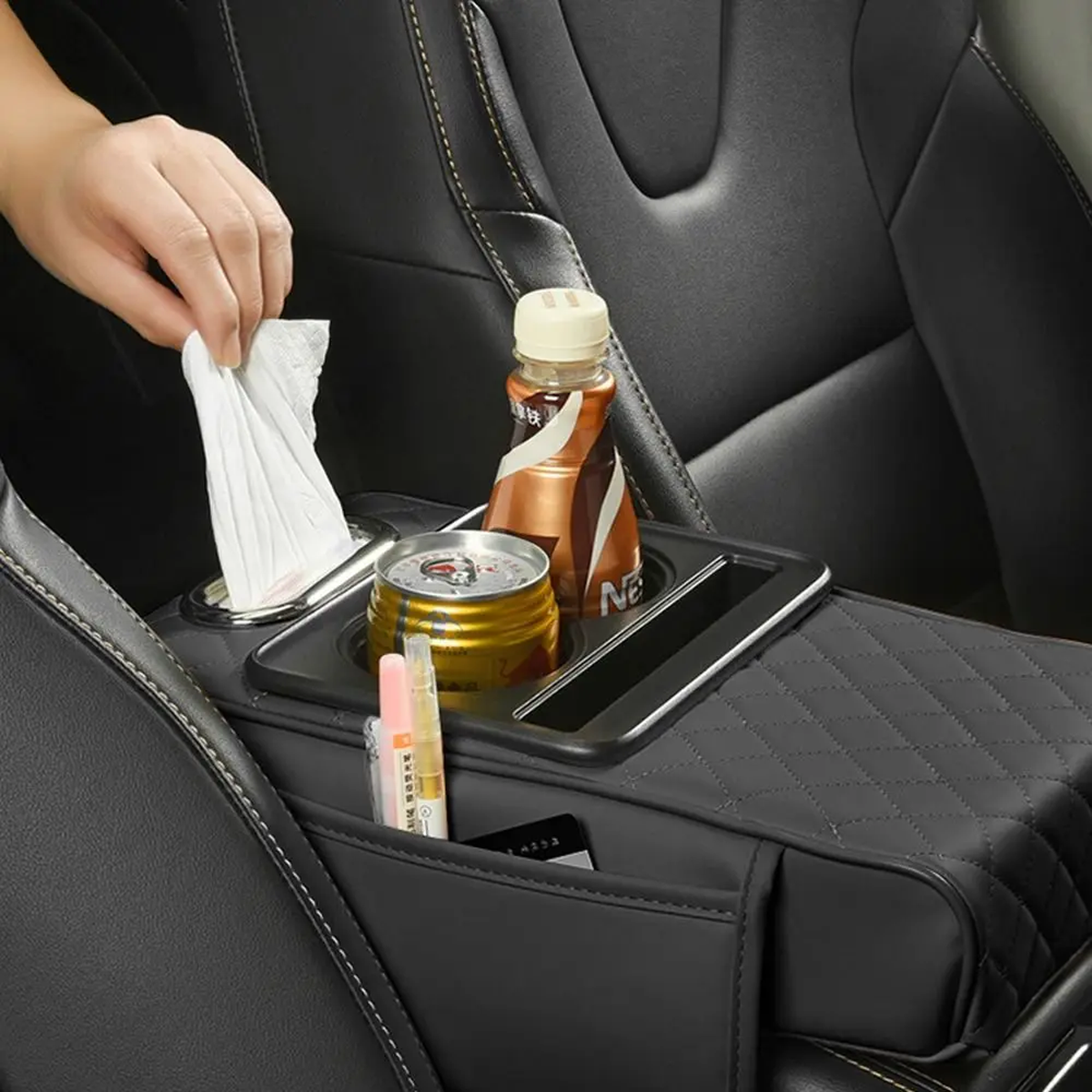 CruzeComfort™ Deluxe Car Armrest Cushion – PU Leather Center Console Pad with 2 Built-In Cup Holders & Height Booster