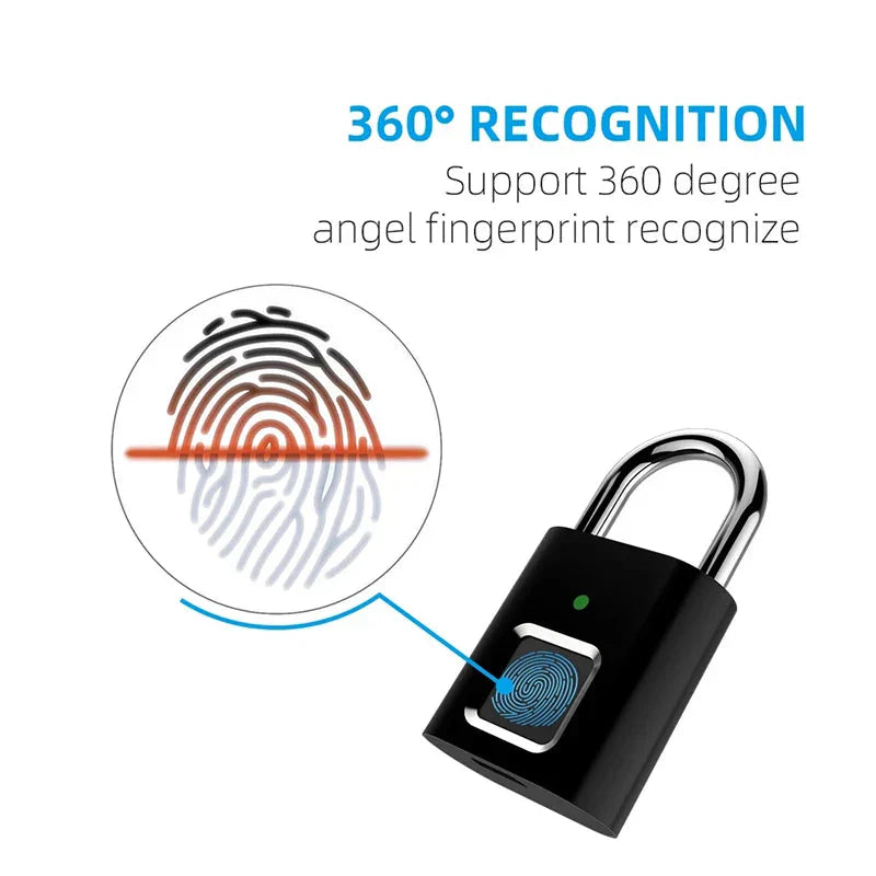 Sleek black smart fingerprint padlock with biometric sensor and USB charging port, ideal for keyless security on lockers, luggage, doors, or gym bags.