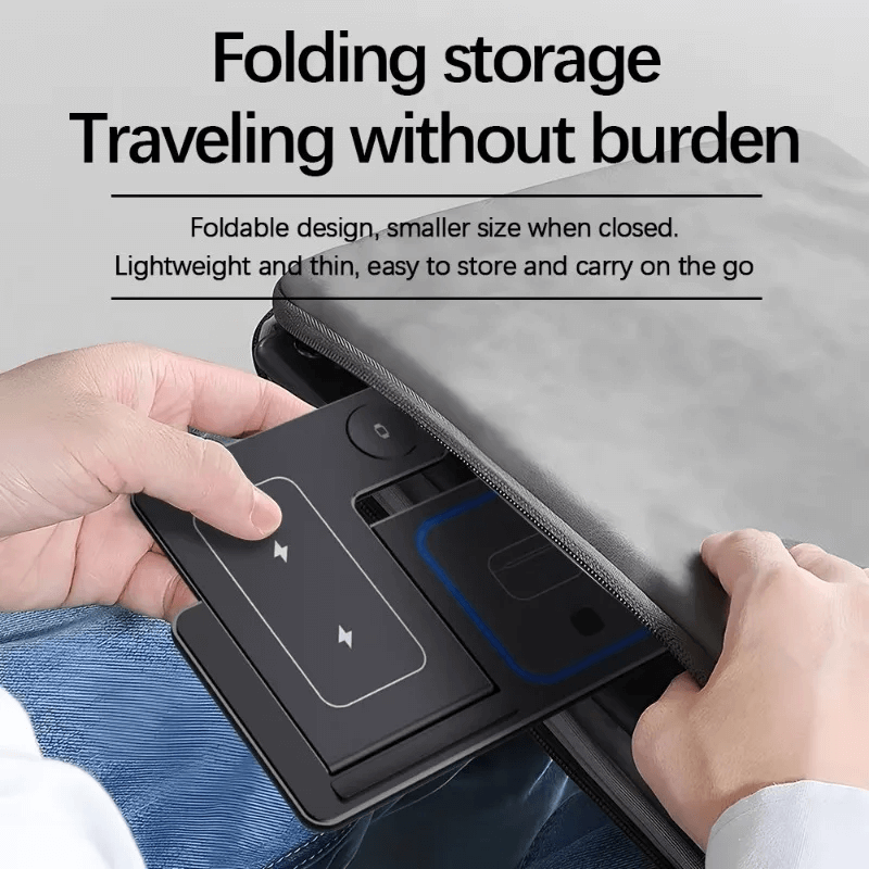 Foldable 3-1 charging device being held by hands with text about its benefits.