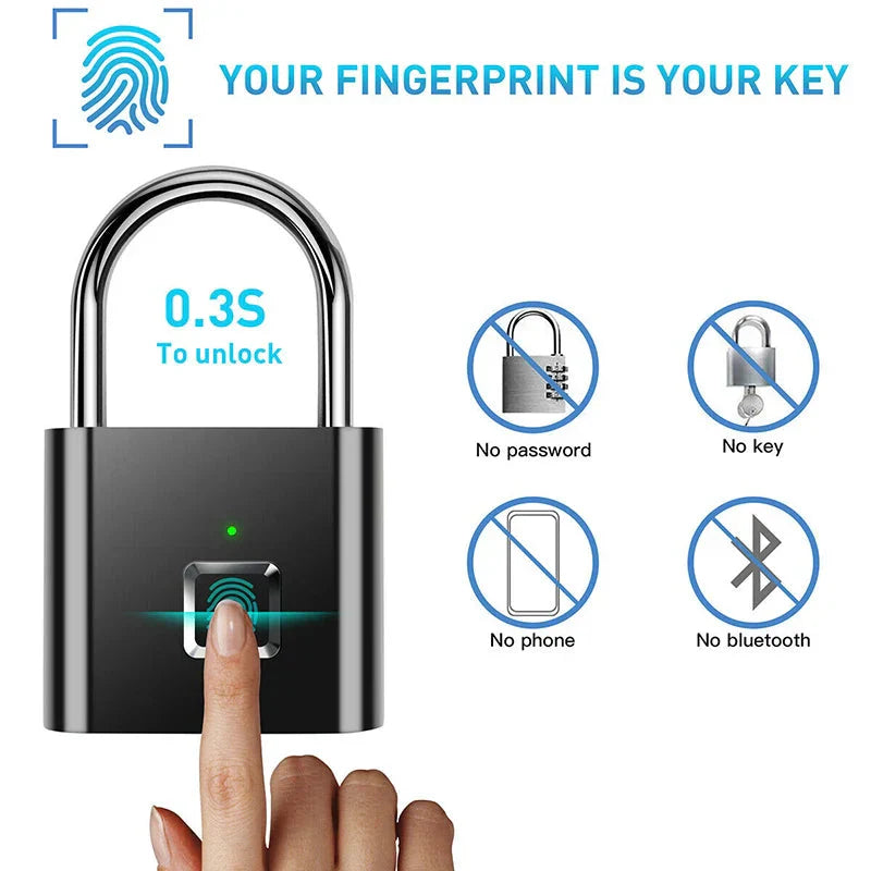 Sleek black smart fingerprint padlock with biometric sensor and USB charging port, ideal for keyless security on lockers, luggage, doors, or gym bags.
