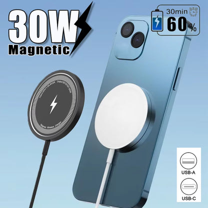 MagniCharge™ 30W Magnetic Wireless Charging Stand – Fast PD Charger Dock for iPhone 12–15 Pro Max, AirPods & More
