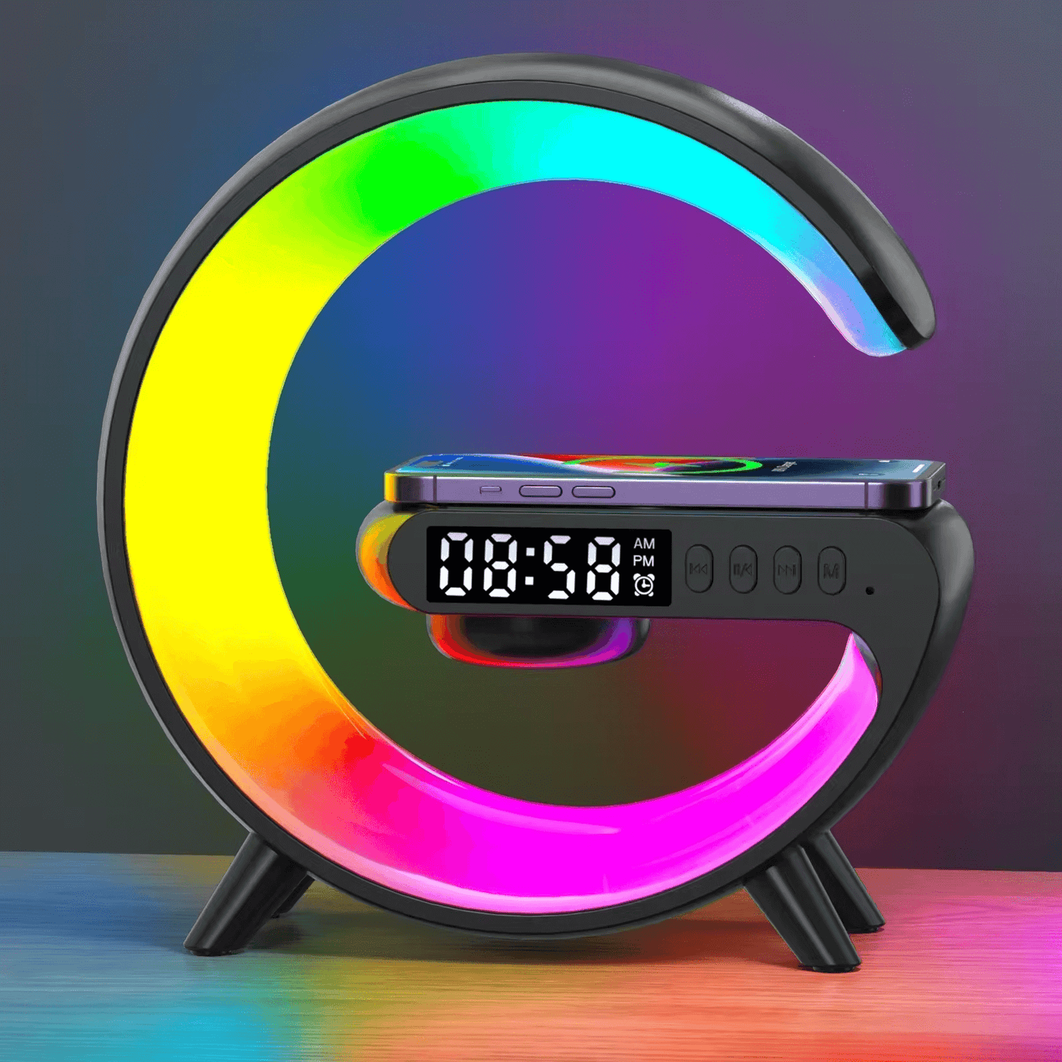Colorful LED lamp with digital clock on a gradient background
