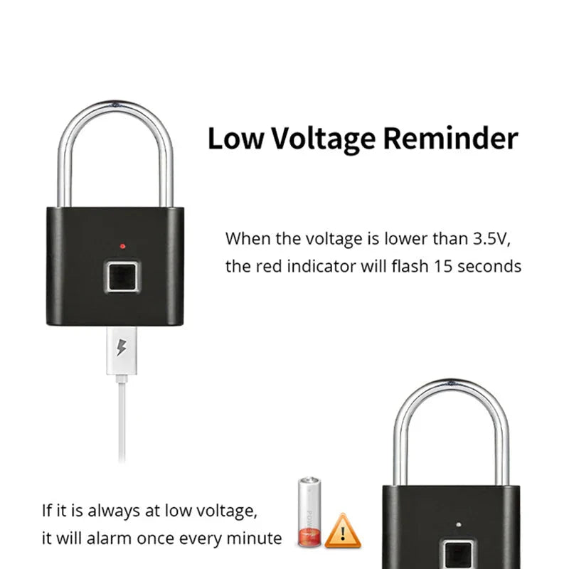 Sleek black smart fingerprint padlock with biometric sensor and USB charging port, ideal for keyless security on lockers, luggage, doors, or gym bags.