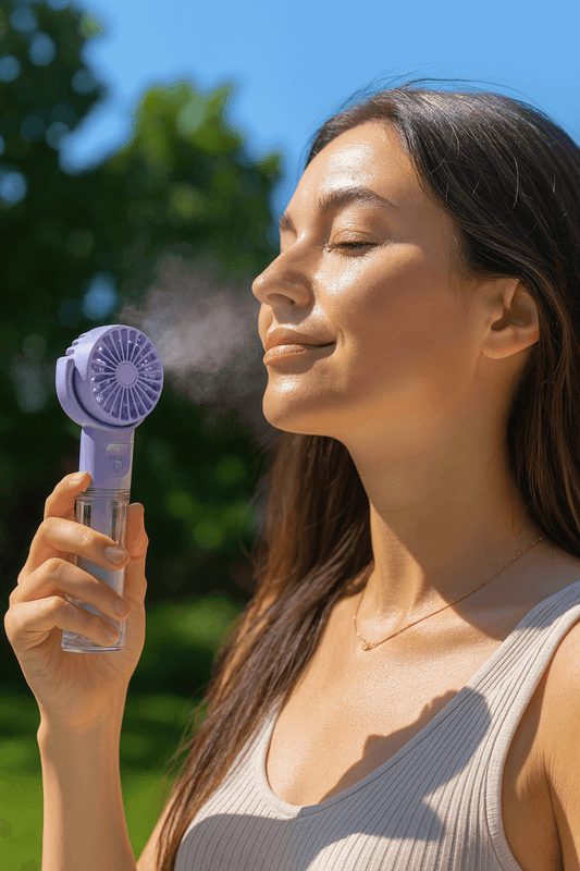 Woman using a handheld mist sprayer outdoors with trees and blue sky in the background