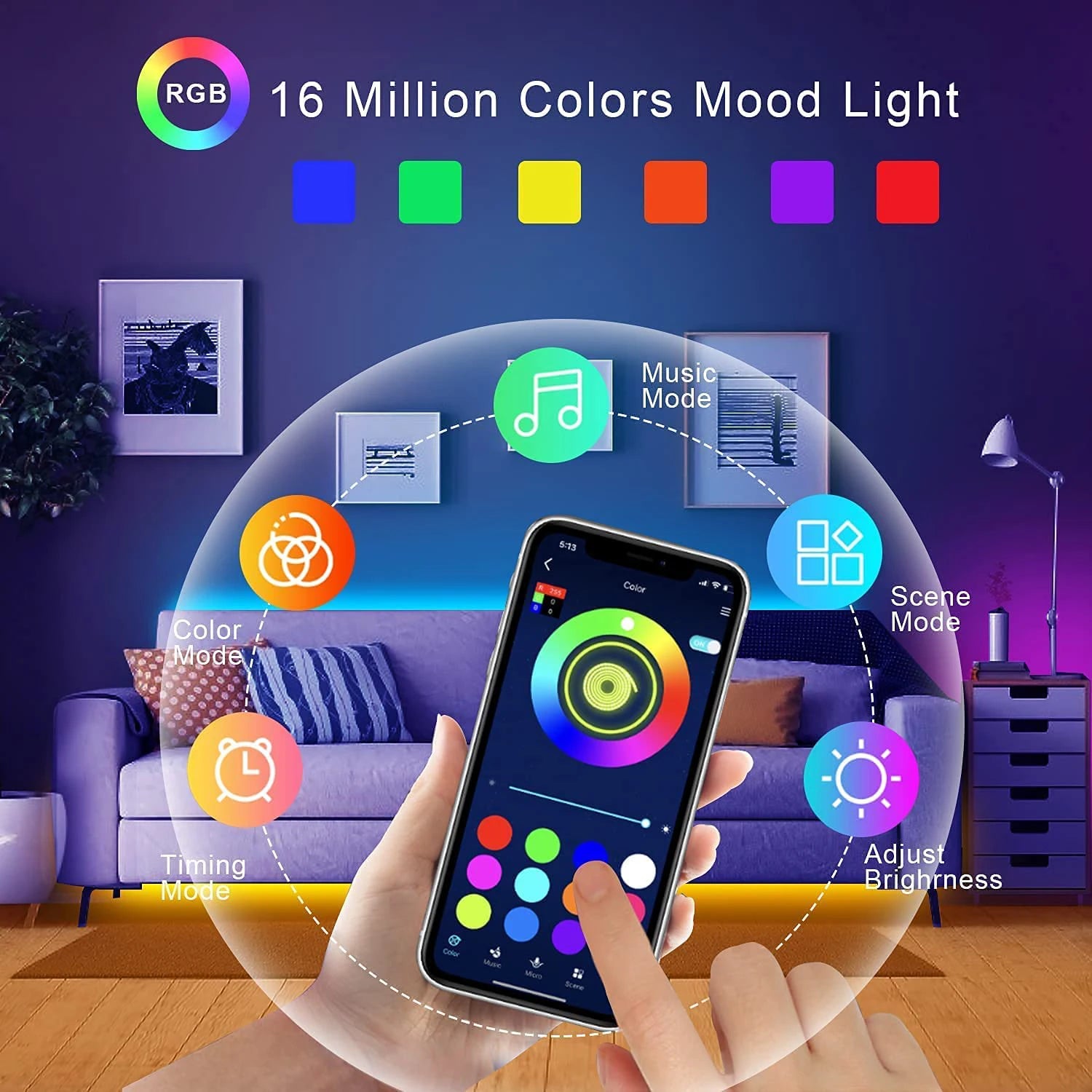 Smartphone controlling RGB mood lights with various modes in a living room setting.