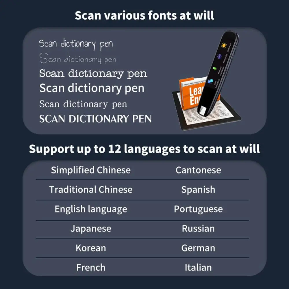 Dictionary pen with text scanning feature and language support list on a dark background