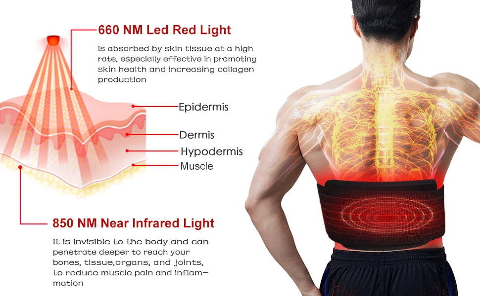 Back view of a person wearing a red light therapy device with anatomical diagram and text on LED red light and near infrared light.