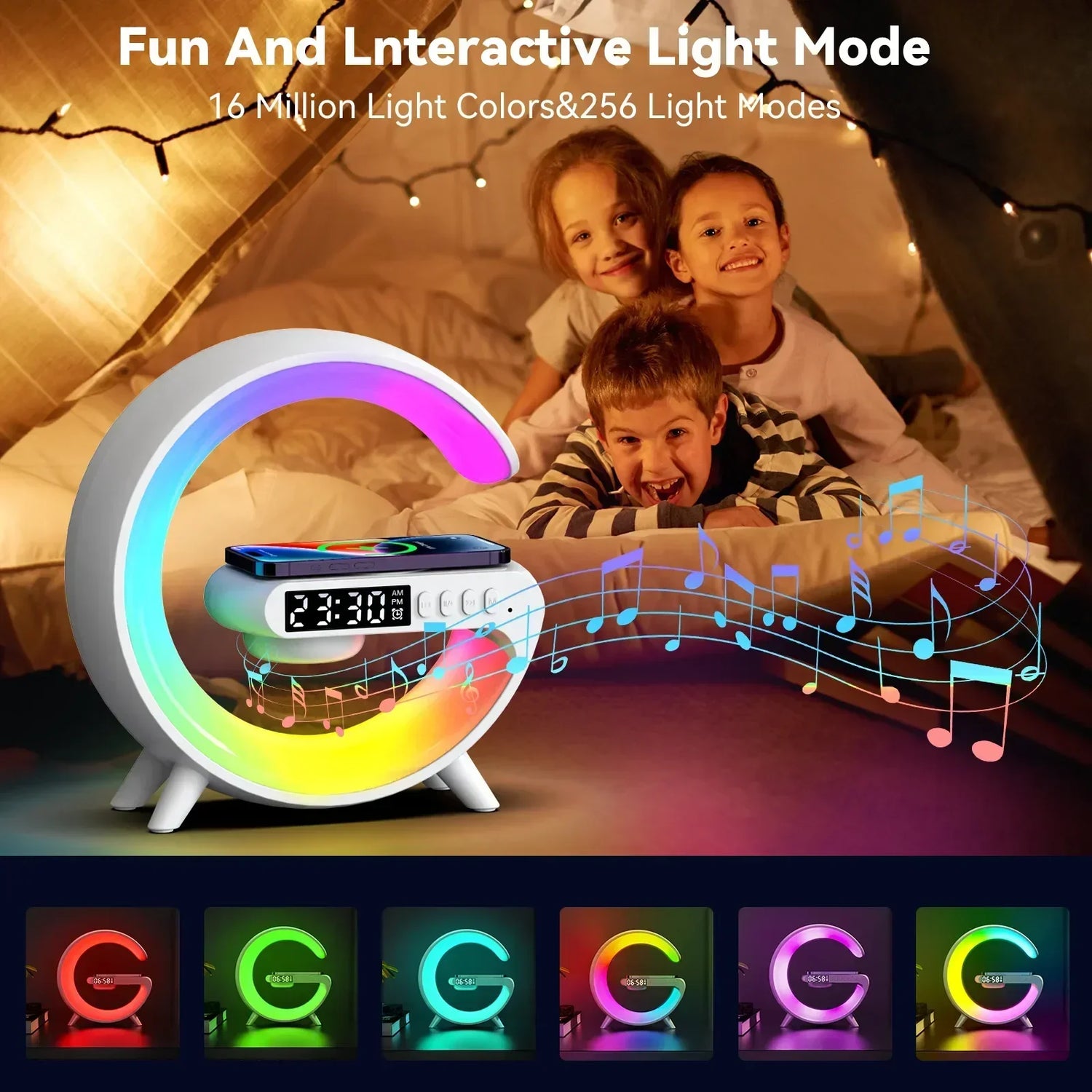 Children playing with a colorful LED clock and light display, featuring text about light modes and colors.