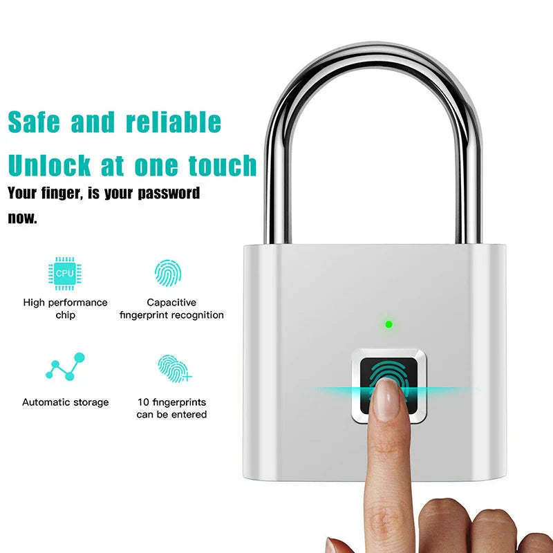 Sleek black smart fingerprint padlock with biometric sensor and USB charging port, ideal for keyless security on lockers, luggage, doors, or gym bags.