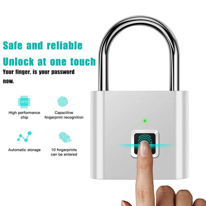 Sleek black smart fingerprint padlock with biometric sensor and USB charging port, ideal for keyless security on lockers, luggage, doors, or gym bags.