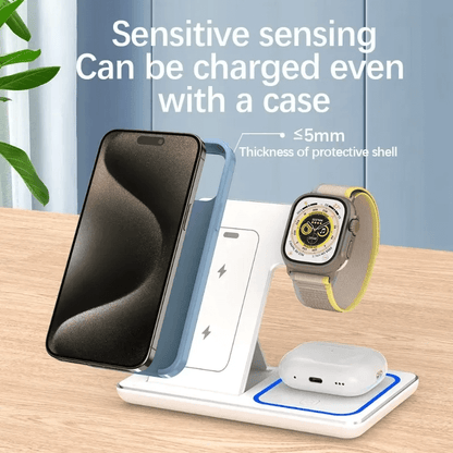 Wireless charging station with smartphone, smartwatch, and earbuds on a wooden surface.