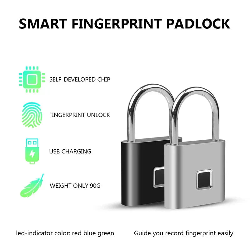 Sleek black smart fingerprint padlock with biometric sensor and USB charging port, ideal for keyless security on lockers, luggage, doors, or gym bags.