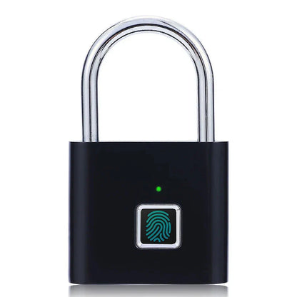 Sleek black smart fingerprint padlock with biometric sensor and USB charging port, ideal for keyless security on lockers, luggage, doors, or gym bags.