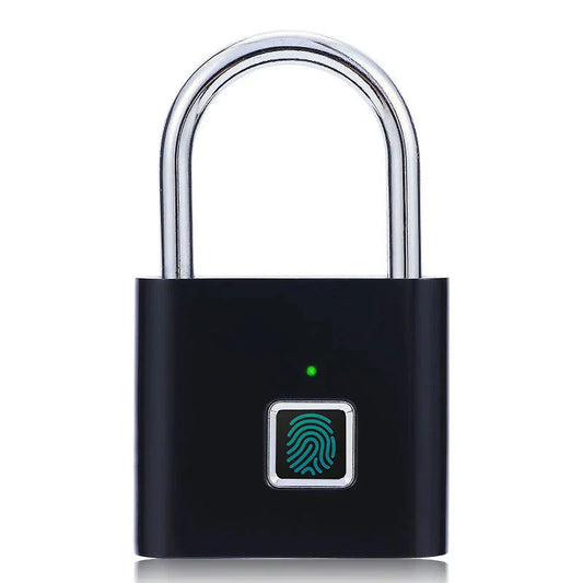 Sleek black smart fingerprint padlock with biometric sensor and USB charging port, ideal for keyless security on lockers, luggage, doors, or gym bags.